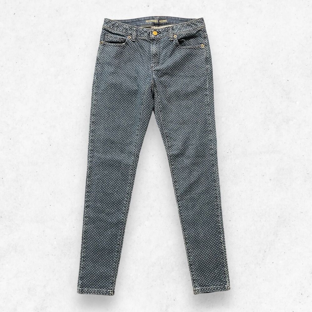 Michael Kors Jeans Women's Size 2 Blue Denim White Polka Dots‎ Skinny Low Rise